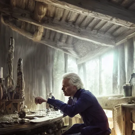 Prompt: geert wilders casting powerful magical spells inside his wooden hut, volumetric lighting, 8 k octane beautifully detailed render, post - processing, extremely hyper - detailed, intricate, epic composition, cinematic lighting, masterpiece, trending on artstation, detailed detailed detailed, masterpiece, stunning art by anders zorn, wonderful masterpiece by greg rutkowski, beautiful cinematic light,