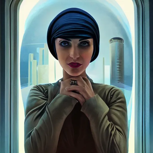 Image similar to detailed face of an arabic woman, clockwork, moment, tectonic sky, skydome, bullet train, turbines, utopian, tech noir, wet reflections, prism, atmospheric, ambient, pj crook, syd mead, livia prima, artgerm, greg rutkowski, nick alm, casey baugh