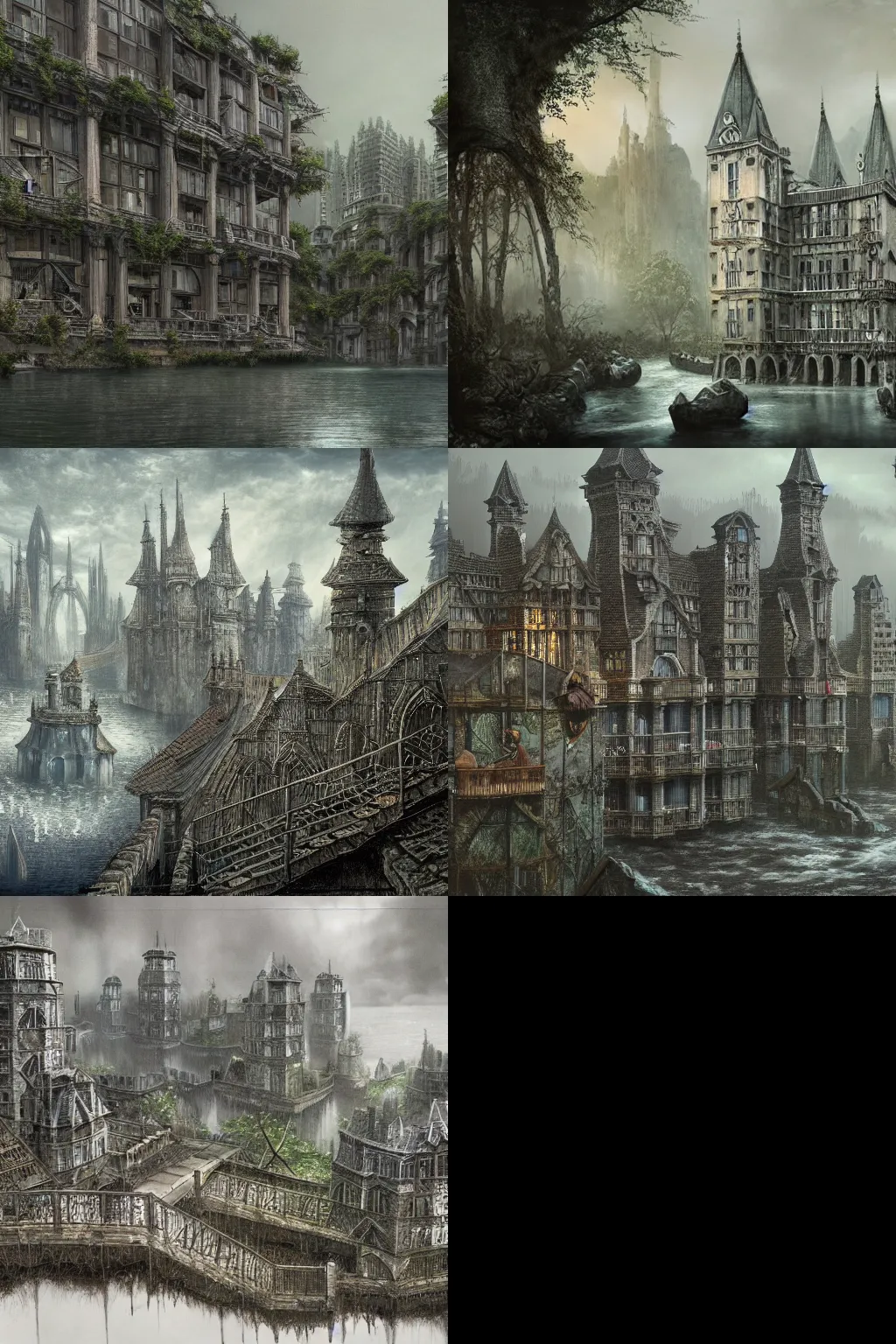 Prompt: a large building with many balconies is next to a river, a detailed matte painting by Ian Miller, polycount contest winner, international gothic, matte drawing, matte painting, detailed painting