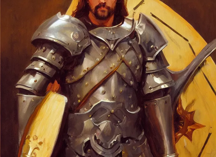 Prompt: a highly detailed beautiful portrait of a paladin with a shield and sword, by gregory manchess, james gurney, james jean