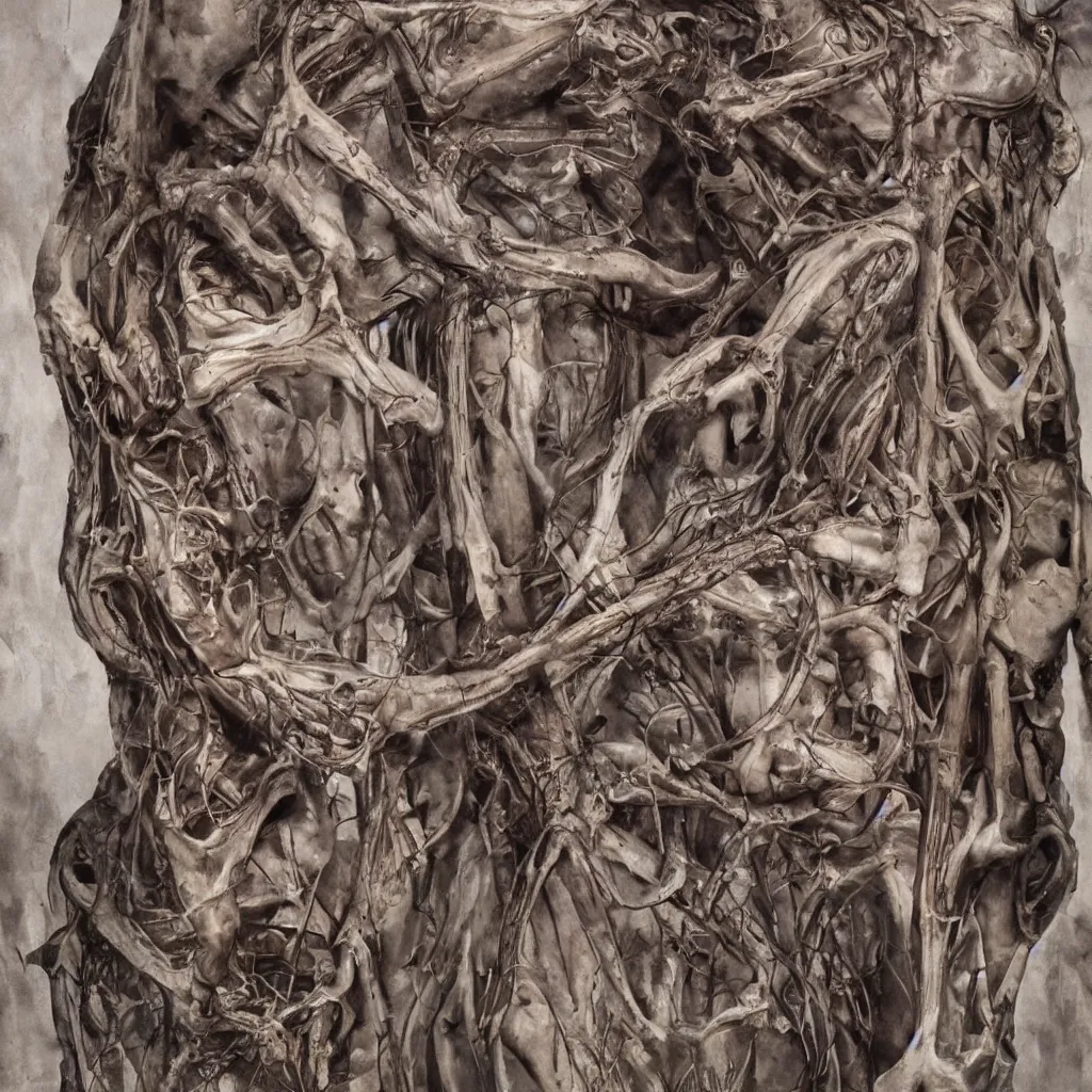 Image similar to realistic shot bloody bones, organs and flesh, biomechanical technology, natural light, by h r giger