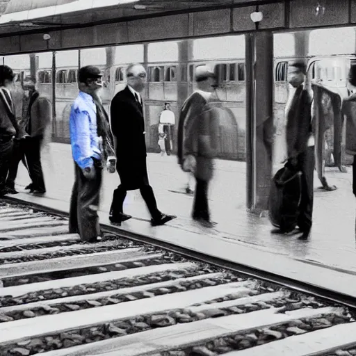 Prompt: train in a station With plasticine porters with looking glass ties , vibrant,