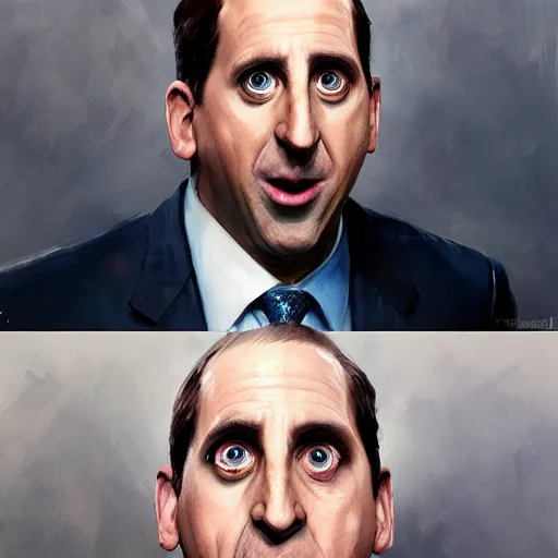 Image similar to hyper realistic, surreal, portrait of michael scott making silly absurd faces, painted by greg rutkowski, wlop, loish,