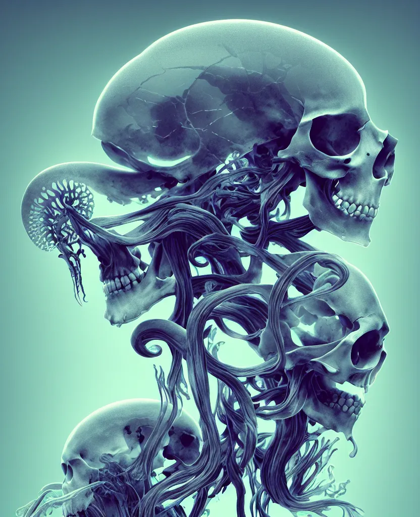 Image similar to absolute symmetry!! goddess close - up portrait human skeleton, ram skull, squid phoenix jellyfish, orchid, betta fish, bioluminiscent, intricate artwork by tooth wu and wlop and beeple. octane render, trending on artstation, greg rutkowski very coherent symmetrical artwork. cinematic, hyper realism, high detail, octane render, 8 k