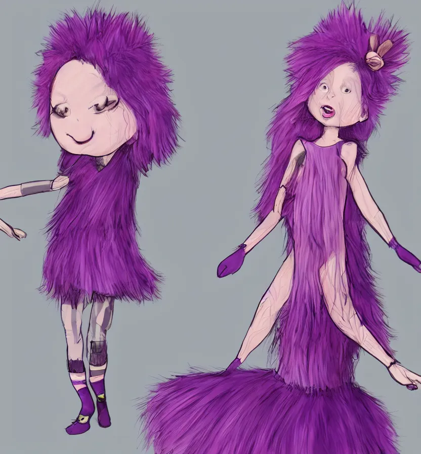 Image similar to little girl with eccentric pink hair wearing a dress made of purple fur, anatomically perfect, concept art, smooth