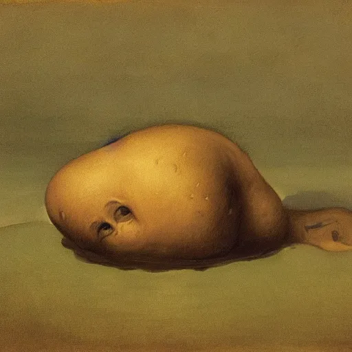 Prompt: a portrait of a drowning potato in the style of francisco goya, dramatic, intense lighting