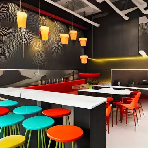 Prompt: caffe interior design, modern look, colorful, realistic