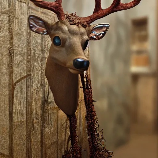 Image similar to hyperealistic sculpture of a deer with rusty pipes extruding from the body, body horror, mechanical bodies, scary, disturbing, eerie 8K, full hd