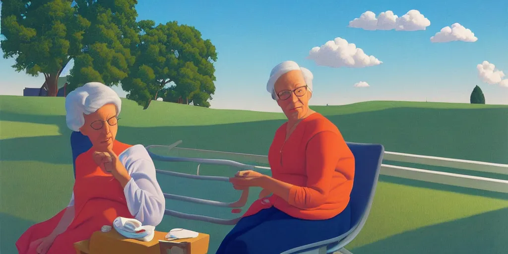 Prompt: knitting grandma, blue sky, summer evening, kenton nelson