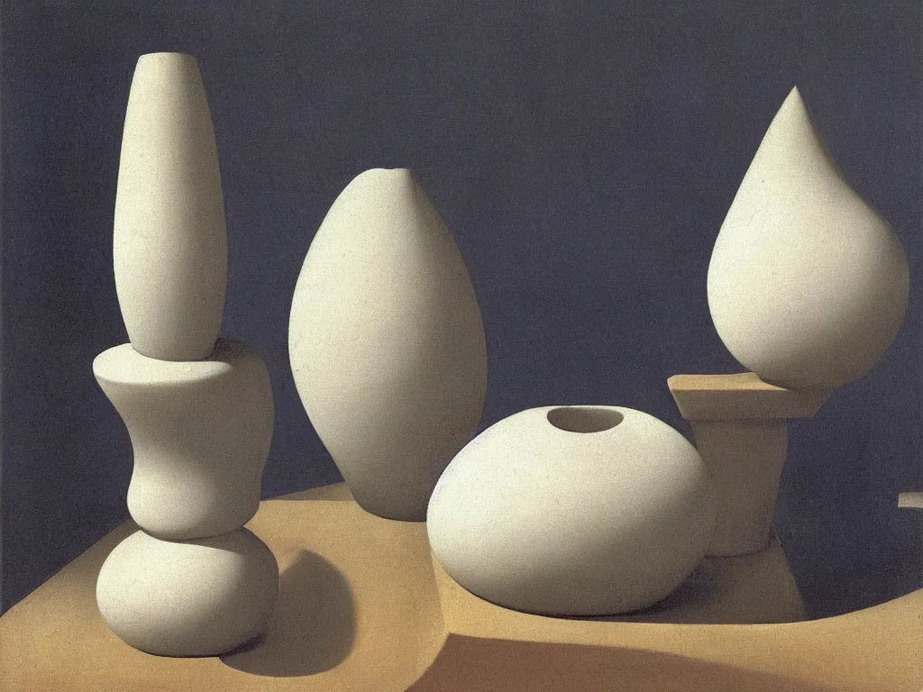 Prompt: Phosphorescent still life with absurd, Brancusi sculpted, round, architectural miniature model, white vase, ceramic pot. Painting by Zurbaran, Escher