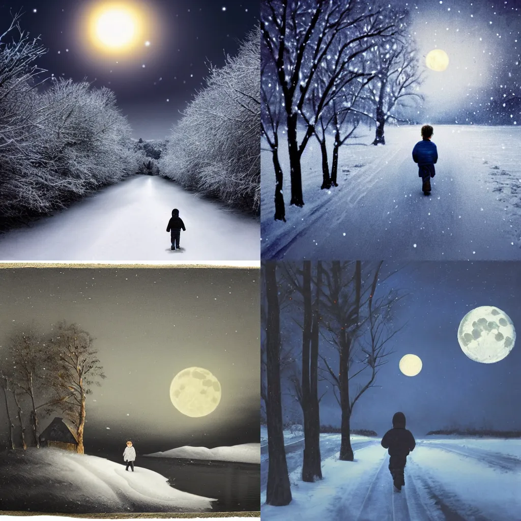 Prompt: a boy walking in a snowy landscape, night, full moon