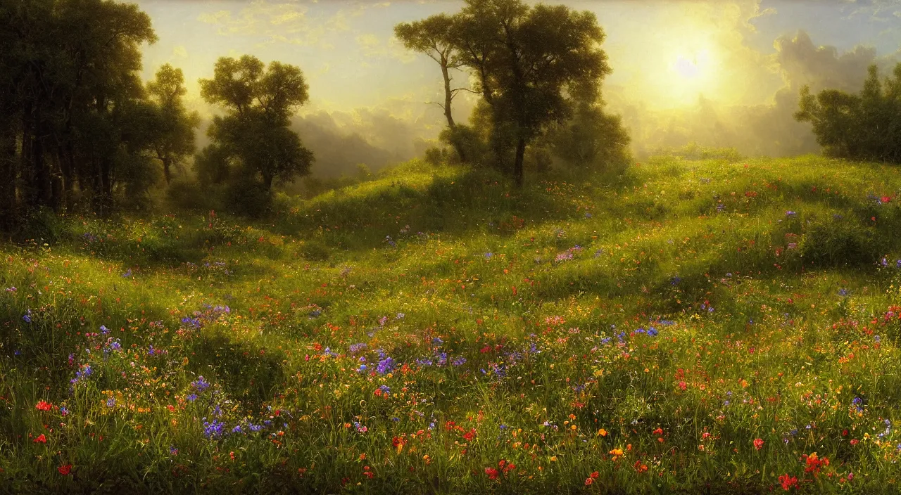 Image similar to rhythmic interval tectonic surfaces as resonant waves of harmonic organic mystical megastructure crystal lattices in a meadow full of wildflowers by albert bierstadt, by glen small, photorealistic, god rays, octane, depth of field,