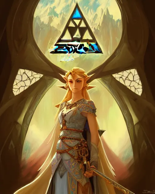 Image similar to zelda with triforce, fantasy, intricate, elegant, highly detailed, digital painting, artstation, concept art, wallpaper, smooth, sharp focus, illustration, art by artgerm and greg rutkowski and alphonse mucha and wlop