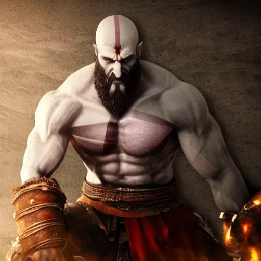 Prompt: Kratos the God of War sitting in a cubicle with a computer and wearing a headset, 4k render, gritty image, dark room, light comes from the computer screen