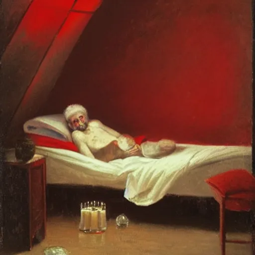 Prompt: a sick man in his bed with a candle light, red vibes, painting 1800s