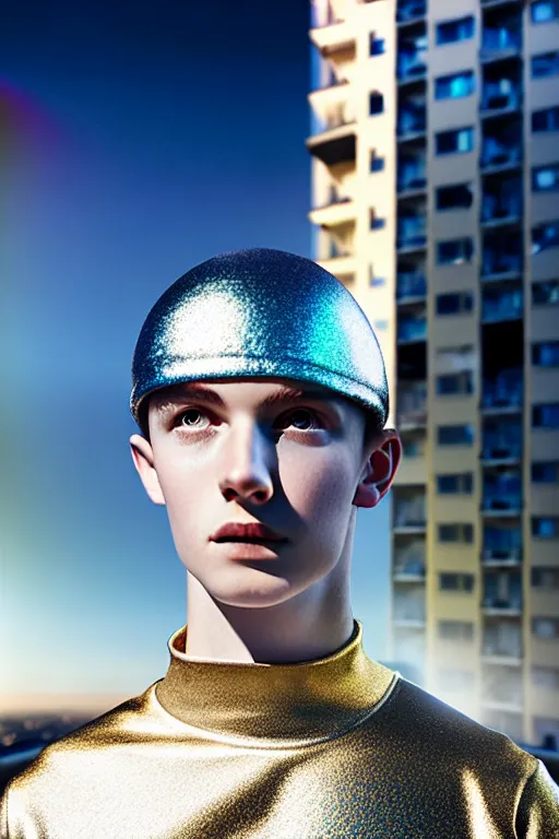 Image similar to un ultra high definition studio quality photographic art portrait of a young man standing on the rooftop of a british apartment building wearing soft padded silver pearlescent clothing. three point light. extremely detailed. golden ratio, ray tracing, volumetric light, shallow depth of field. set dressed.