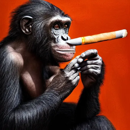 Image similar to a high detail photo of donald trump smoking a cigarrette, subject= chimp, subject detail: extremly detailed, subject action: smoking a cigar, photorealism, dramatic lighting, award winning photograph, trending on artstation