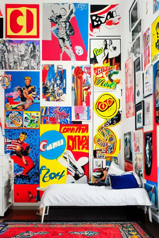 Image similar to boy room with full of pop art poster, and scattered clothes mural, photorealistic, smooth, 4 k, aesthetic lighting, baroque object, sharp focus, hyperdetailed, professional photography, pullitzer winning, photo by : canon eos 5 d mark iv, by karah mew and adnan abidi and jodie bateman