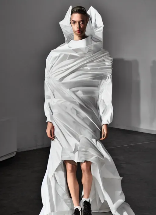 Image similar to an aesthetic portrait of a model detailed features wearing a cargo wedding dress - chic'techno fashion trend by issey miyake and balenciaga