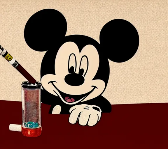 Prompt: Mickey Mouse smoking a joint in his apartment, stoned eyes, smoke, bongs on the table, highly detailed, amazing digital art, trending on artstation