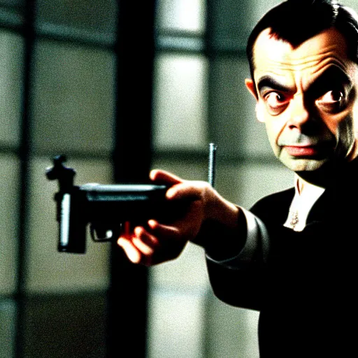 Prompt: mr. bean as agent smith from the matrix. movie still. slow motion. cinematic lighting.