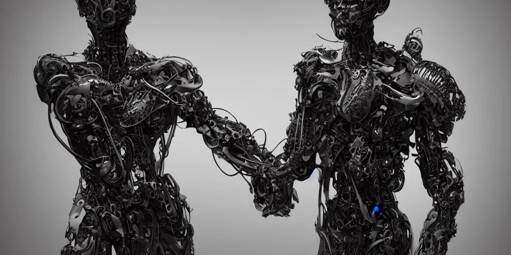 Image similar to hyper realistic photography of a stunningly beautiful cyborg male, elbow, thy, intimate, holding close, in the style of beth cavener, jin kagetsu,, and wlop, highly detailed, intricate filigree,, masterpiece, award winning, sharp focus, concept art, ringflash lighting, ambient lighting, octane render, 8 k, artstation