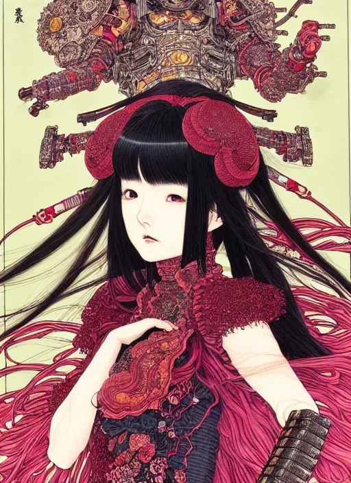 Image similar to highly detailed illustration yoneyama mai, artstation, katsuhiro otomo, fluorescent, fantastic, fate, manga poster of princess mechine, minaba hideo, takato yamamoto, long hair, art nouveau, armor, laces, ruffles, 8 k, maximalist,