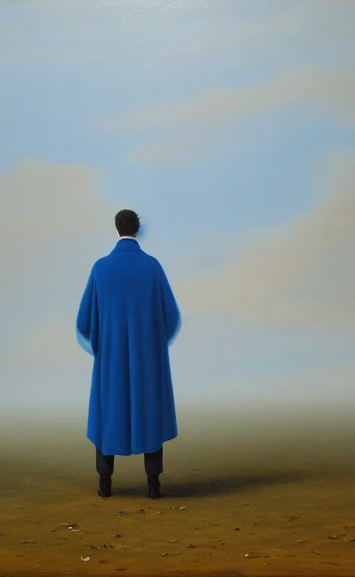 Image similar to oil painting of a blue caped man, lonely, depression, foggy background, standing in midground, blue sky, by capsar david friedrich