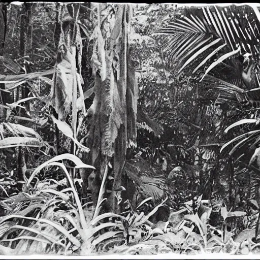 Image similar to lost film footage of a sacred in the middle of the ( ( ( ( ( ( ( ( ( tropical jungle ) ) ) ) ) ) ) ) ) / film still / cinematic / enhanced / 1 9 0 0 s / black and white / grain