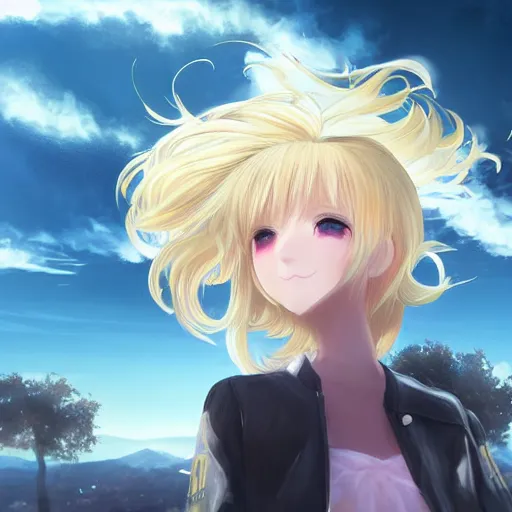 Prompt: blonde - haired princess, anime princess, wearing black jacket and white leggings, greek hillside city, portal in the sky, spinning clouds, portal in sky, strong lighting, strong shadows, vivid hues, ultra - realistic, sharp details, subsurface scattering, intricate details, hd anime, 2 0 1 9 anime