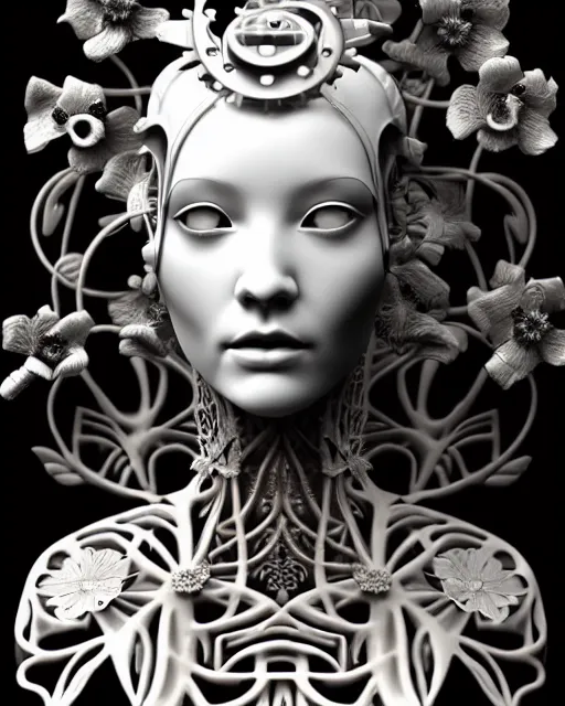 Image similar to monochrome 3 d model, 1 9 3 0 picture, floral steampunk biomechanical beautiful young female cyborg with porcelain profile face and a techno eye, volumetric light, leaves foliage and stems, hibiscus flowers, boho vines, sinuous fine roots, fine foliage lace, alexander mcqueen, rim light, big gothic fashion pearl embroidered collar, octane render, 8 k