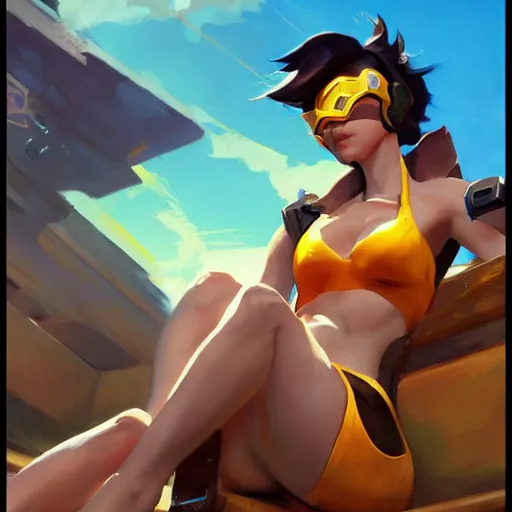 Image similar to greg manchess splash art painting of overwatch's tracer in a bikini, league of legends art, medium shot, asymmetrical, organic painting, sunny day, matte painting, bold shapes, hard edges, street art, trending on artstation, by huang guangjian and gil elvgren and sachin teng