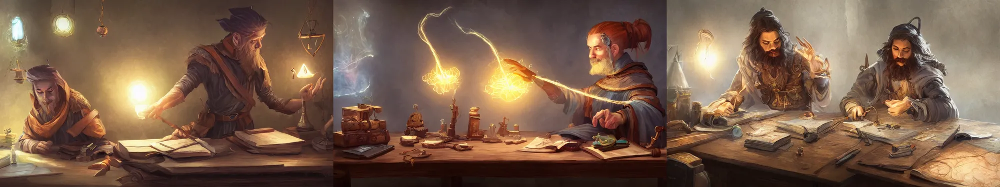 Prompt: A mage crafting a magical device on a desk. Fantasy, digital painting, HD, 4k, detailed.