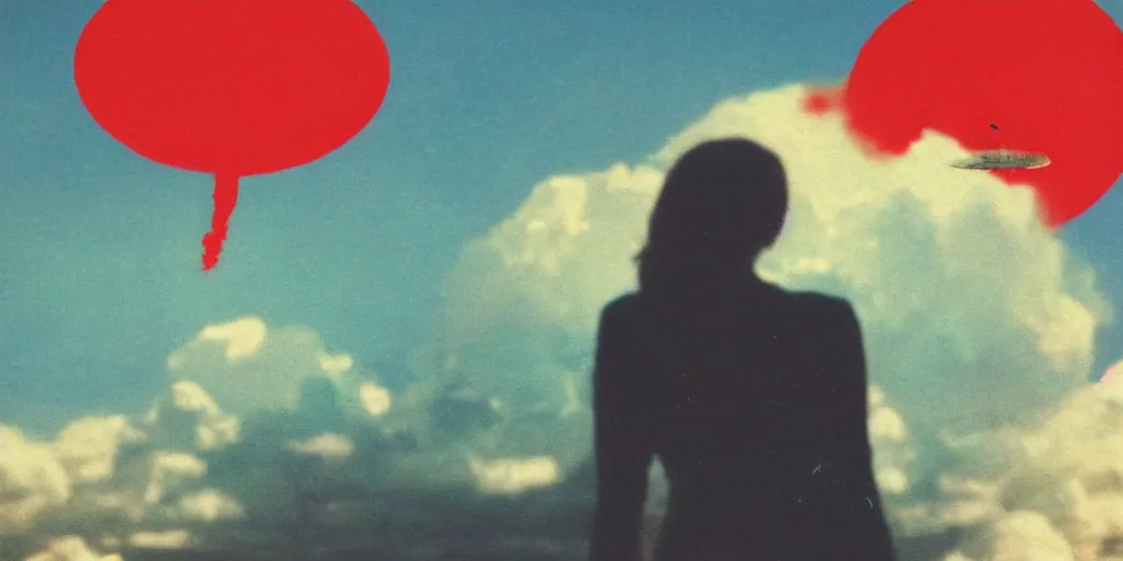 Image similar to vintage polaroid of a beautiful woman spotting a ufo in the sky, seen from behind, detailed clouds, warm azure tones, red color bleed, film grain