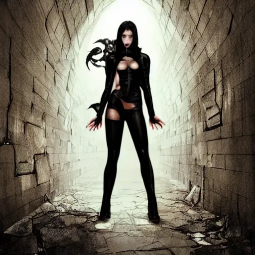 Image similar to a school boy and intimidating by a succubus in a leather suit leaning on a cracked brick wall, devil wings, long hallway, seductivelight at the end of the tunnel, volumetric lighting, concept art, detailed, dramatic lighting, by wlop, artgerm