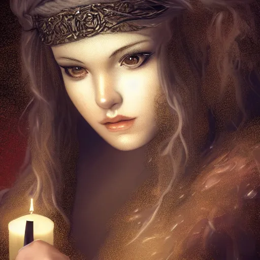 Prompt: masterpiece flemish candle light portrait of a beautiful! young woman, writing with a feather, by luis royo, artstation, deviant art, black background, candle light only, 8 k, octane render