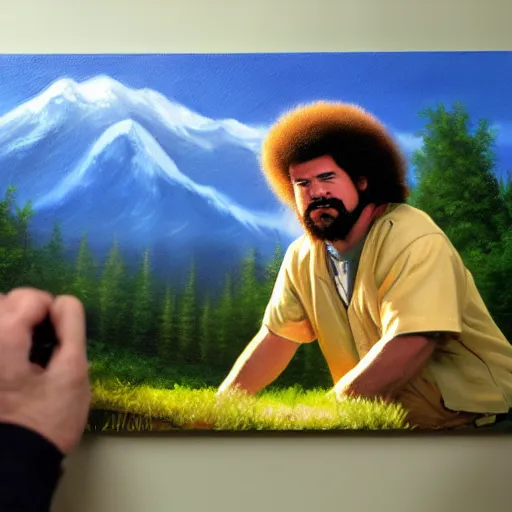 Image similar to a closeup photorealistic photograph of bob ross detailing a canvas painting of kenny powers. film still. brightly lit scene. this 4 k hd image is trending on artstation, featured on behance, well - rendered, extra crisp, features intricate detail, epic composition and the style of unreal engine.