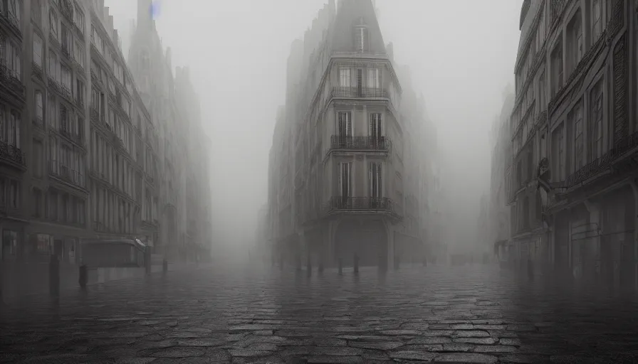 Image similar to empty neo - gothic paris streets in the fog, wet ground, hyperdetailed, artstation, cgsociety, 8 k