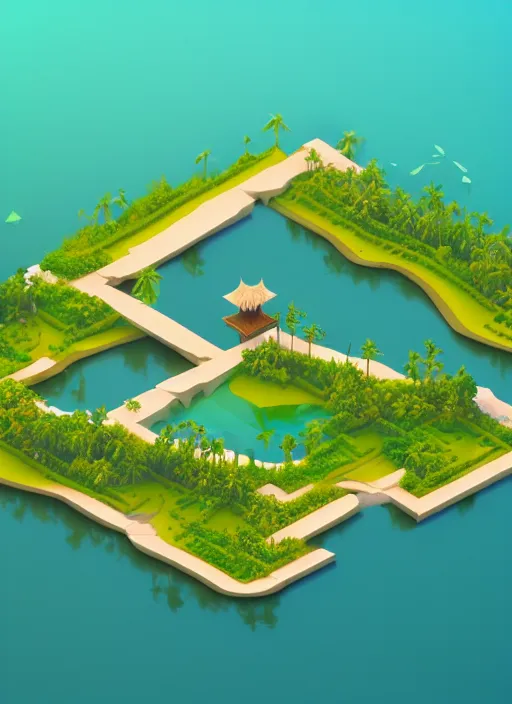 Image similar to a low poly isometric render of kerala backwaters in the style of monument valley, intricate, elegant, smooth shading, soft lighting, illustration, simple, solid shapes, by magali villeneuve, jeremy lipkin and michael garmash, rob rey and kentaro miura style, octane render
