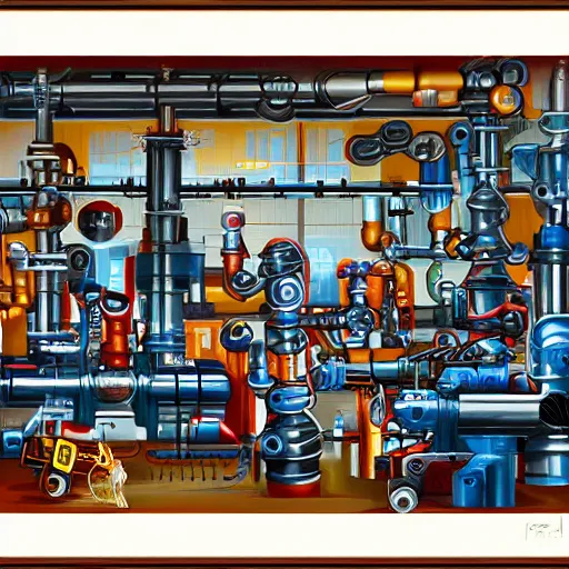 Image similar to a futuristic factory with pipes and robotic machinery make toys, in the style of salvador dahli, painting,