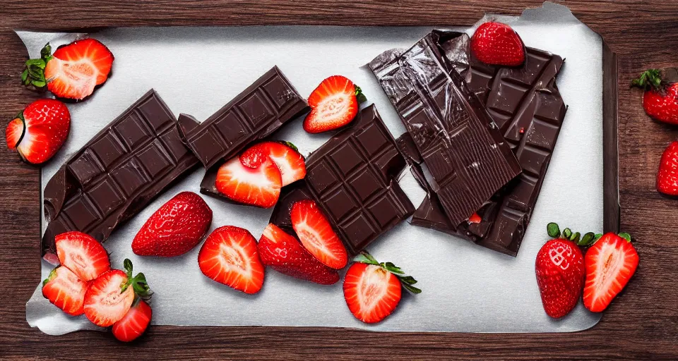 Image similar to A gourmet dark chocolate bar with a piece broken off, on an opened silver wrapper, next to sliced strawberries, on a wooden tray, macro lens product photo