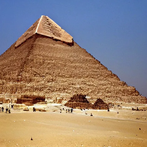 Image similar to great pyramid of giza at ancient times, the pyramid is covered with white marble, the pyramind has a golden tip, ancient egypt,