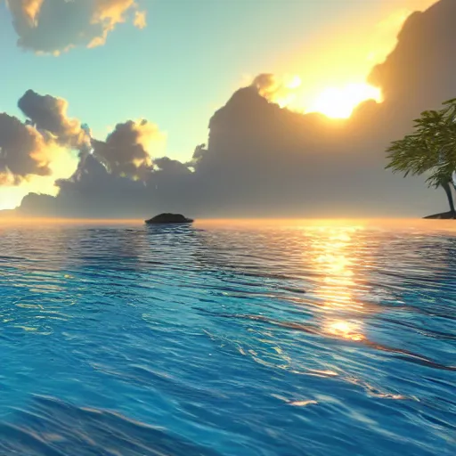 Image similar to swimming into the sunset, realistic, warm lighting, unreal engine