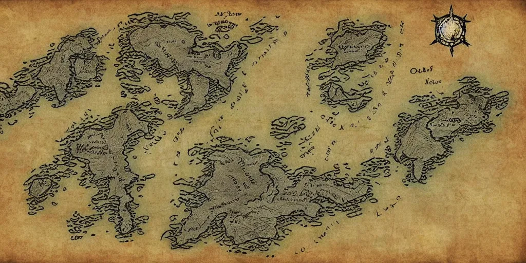 Image similar to Map of the realm of the wolf crew. a continent in the shape of a wolf's face. Ancient magic, medieval fantasy map, mountains, islands, forests. Map-style Skyrim, Lord of the rings map, zelda breath of the wild map, video game style, drawing on a parchment