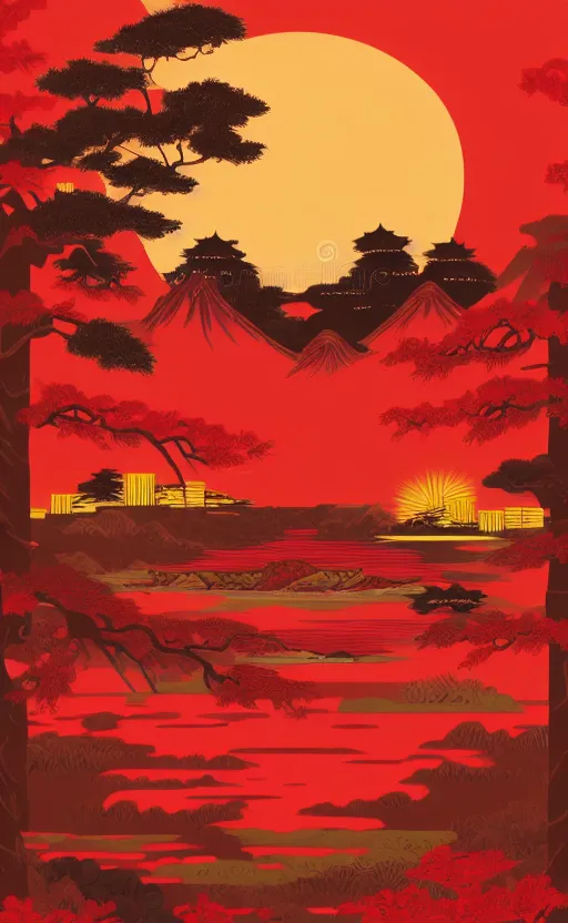 Image similar to hanafuda, portrait of a red charm and a lake in the middle of japanese pines, a big red sun in the background, front game card, vector line art, trending on artstation, concept art, stunning, matte