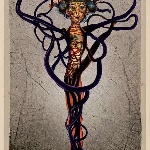 Prompt: A beautiful print of a human figure. The figure is shown in a contorted state, with their limbs and torso twisted in a seemingly impossible way. The figure is also shown with a number of facial piercings, and their eyes are rolled back in their head, giving them a wild and maniacal appearance. psychedelic by Catrin Welz-Stein dreadful