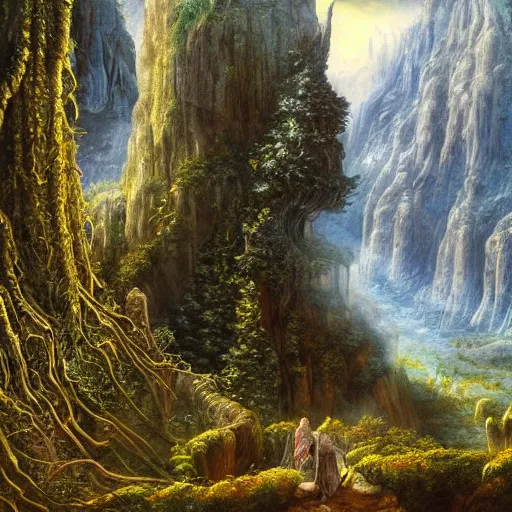 Image similar to a beautiful and highly detailed oil painting of an elven temple in the mountains, detailed trees and cliffs, forgotten valley, swirling mist, lush forests, intricate details, epic scale, insanely complex, 8 k, sharp focus, hyper realism, fantasy landscape, psychedelic, by caspar friedrich,