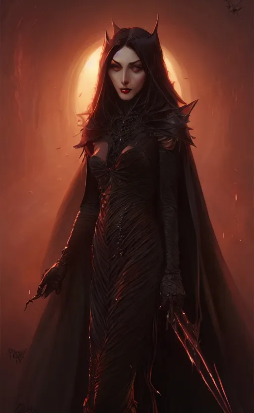 Image similar to desirable Vampire woman, fantasy, intricate, elegant, highly detailed, digital painting, artstation, concept art, matte, sharp focus, illustration, art by artgerm and Greg Rutkowski, dreadjim, zeen chin