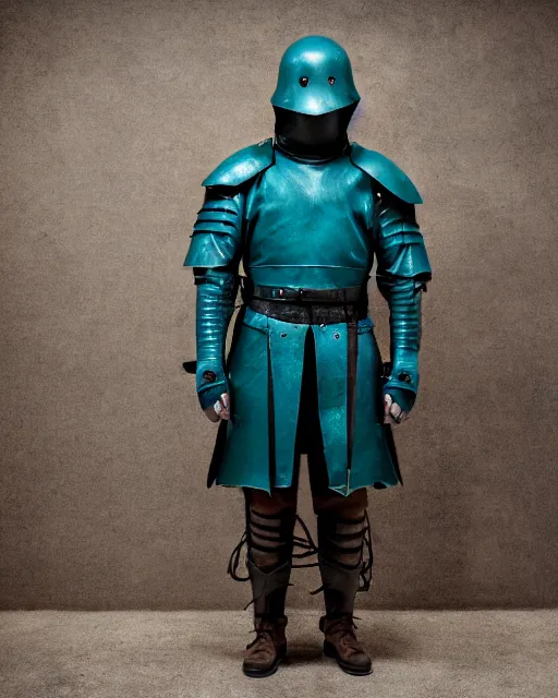 Prompt: an award - winning photo of a ancient male model wearing a simplified baggy teal distressed medieval designer menswear leather jacket slightly inspired by medieval armour, 4 k, studio lighting, wide angle lens