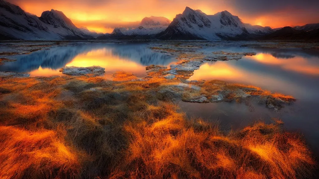 Prompt: amazing landscape photo of polar light with lake in sunset by marc adamus, beautiful dramatic lighting